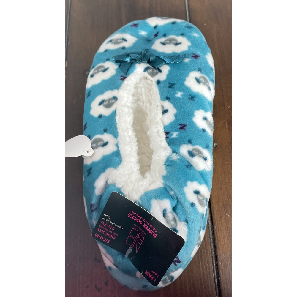 No Boundaries Womens S/M Slipper Socks‎ Blue Sheep Print Faux Sherpa Lined NEW